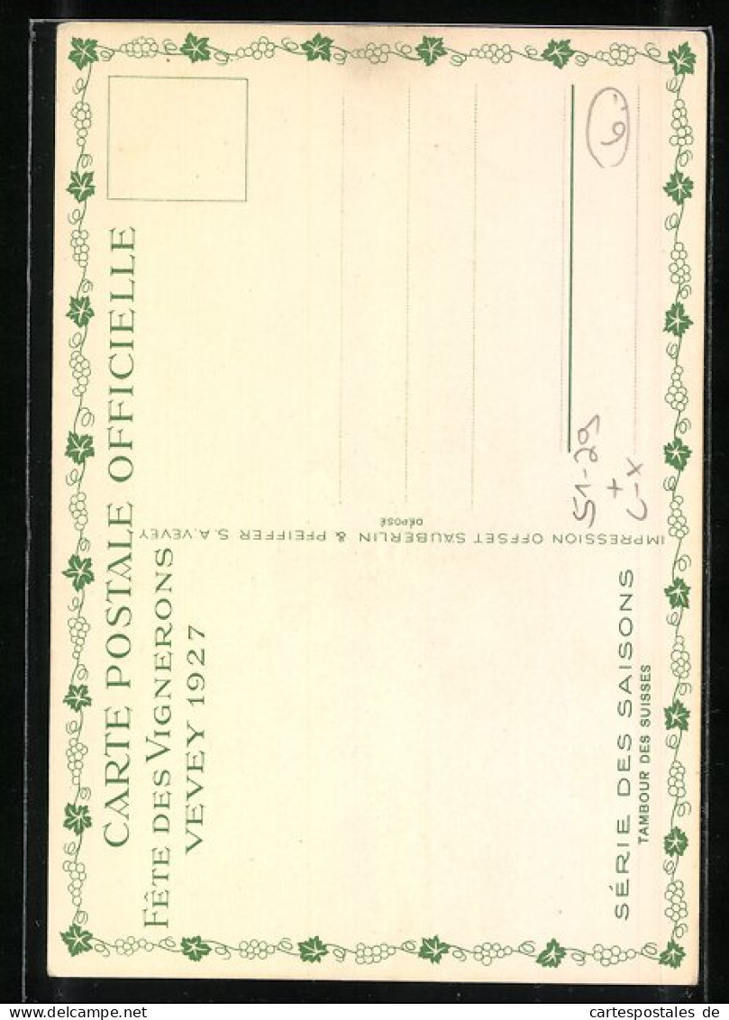 Künstler-AK Sign. E. Biéler: Vevey, Fete Des Vignerons 1927, Série Des Saisons, Tambour Des Suisses  - Vevey