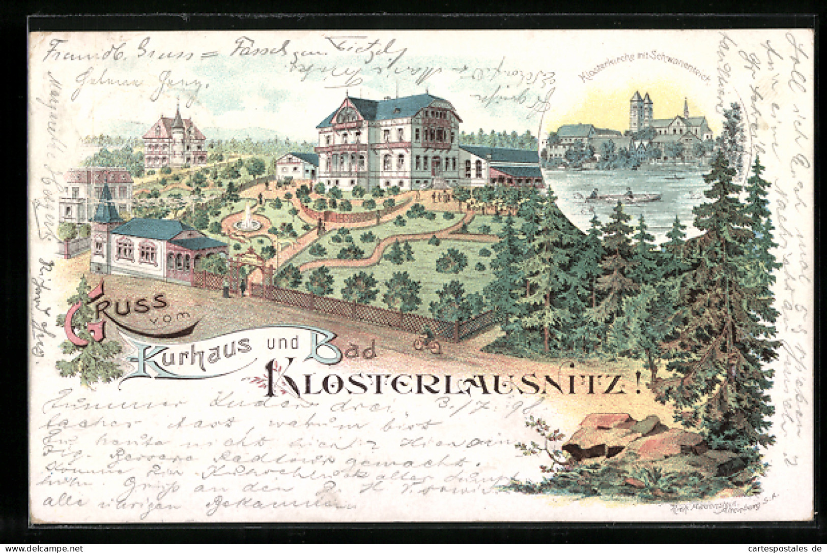 Lithographie Klosterlausnitz, Kurhaus Und Bad, Klosterkirche Mit Schwanenteich  - Bad Klosterlausnitz