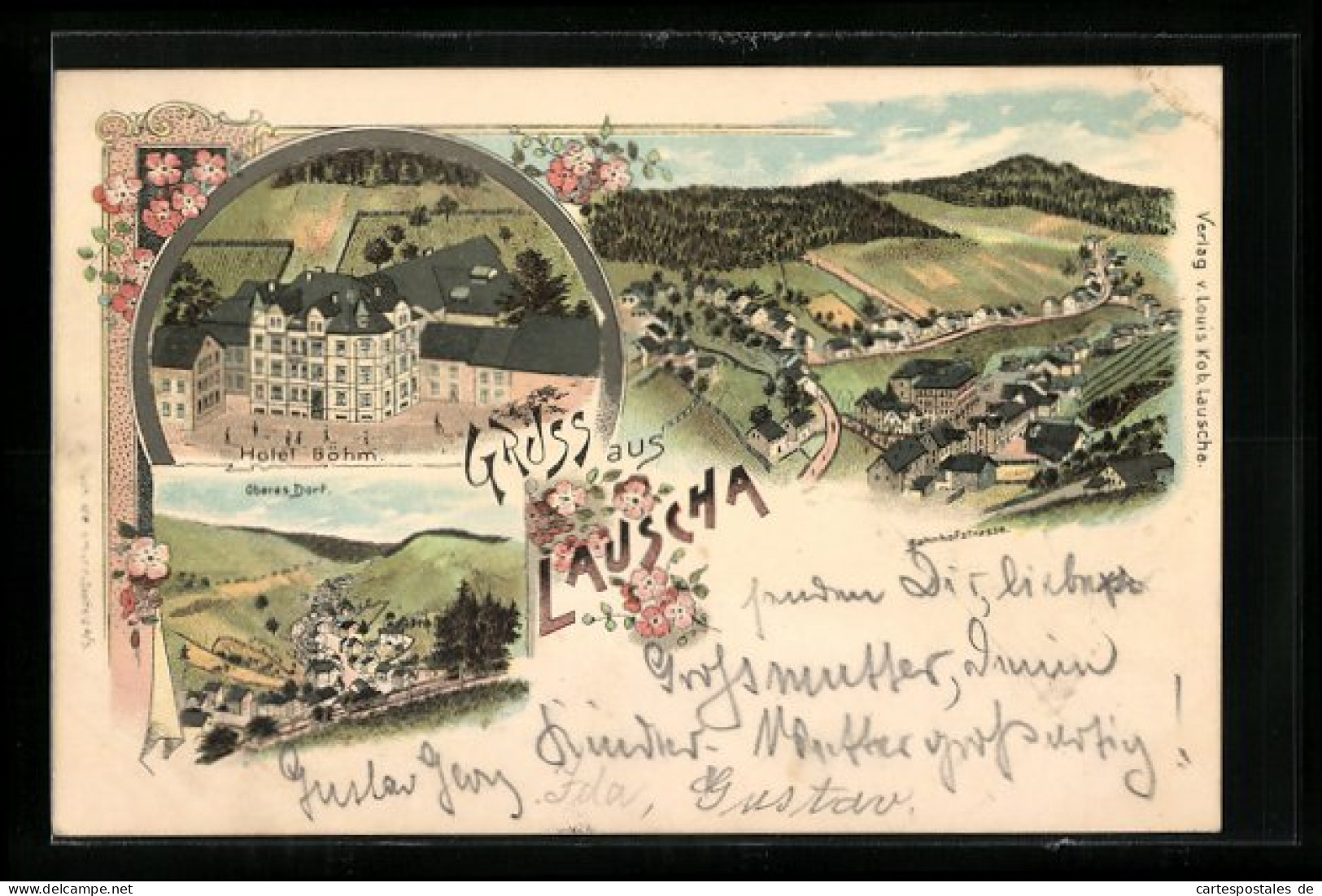 Lithographie Lauscha, Hotel Böhm, Ansicht Oberes Dorf, Bahnhofstrasse  - Lauscha