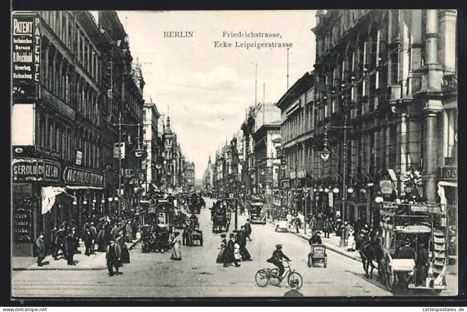 AK Berlin, Friedrichstrasse Ecke Leipziger Str., Kutschen Und Mann Auf Einem Fahrrad  - Mitte