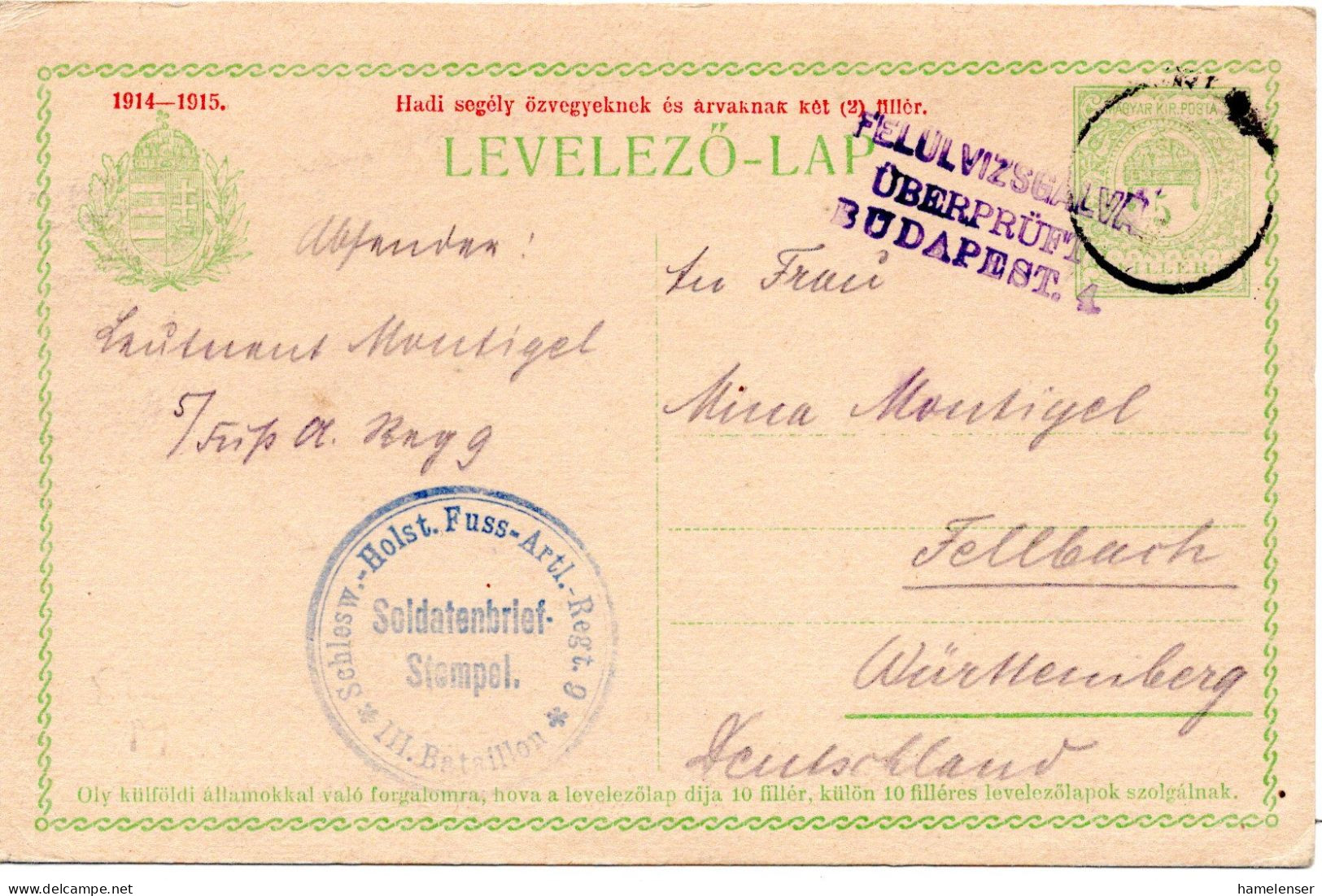64502 - Deutsches Reich - 1915 - Ungar GAKte Als Dt FpKte Gebr., Stummer Stpl -> Fellbach, M ZensStpl "Budapest" - Lettres & Documents