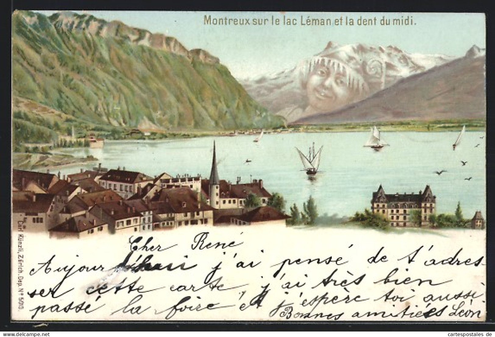 Lithographie Künzli Nr. 5019: Montreux Sur Le Lac Leman Et La Dent Du Midi, Berg Mit Berggesicht, Berggesichter  - Montreux