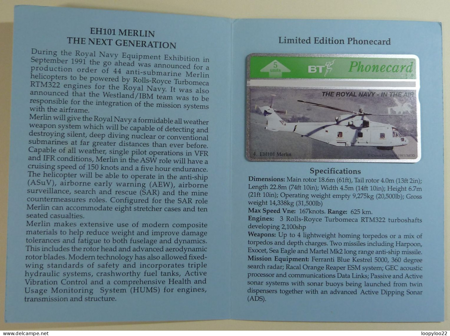 UK - BT - L&G - The Royal Navy - In The Air - EH1011 MERLIN - Limited Edition In Folder - 600ex - Mint - BT General Issues