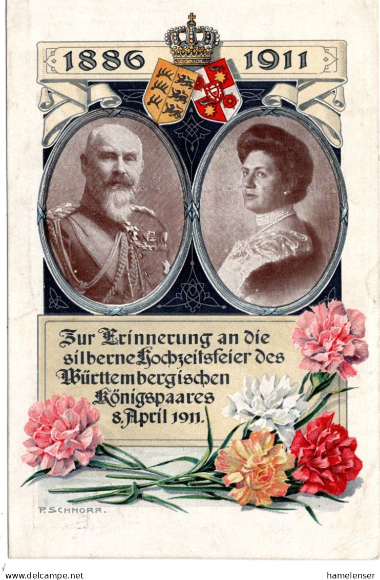 64508 - Deutsches Reich - 1911 - 5Pfg Germania PGAKte "Silberhochzeit Wuerttemberg" LAUPHEIM -> TREMEZZO (Italien) - Lettres & Documents