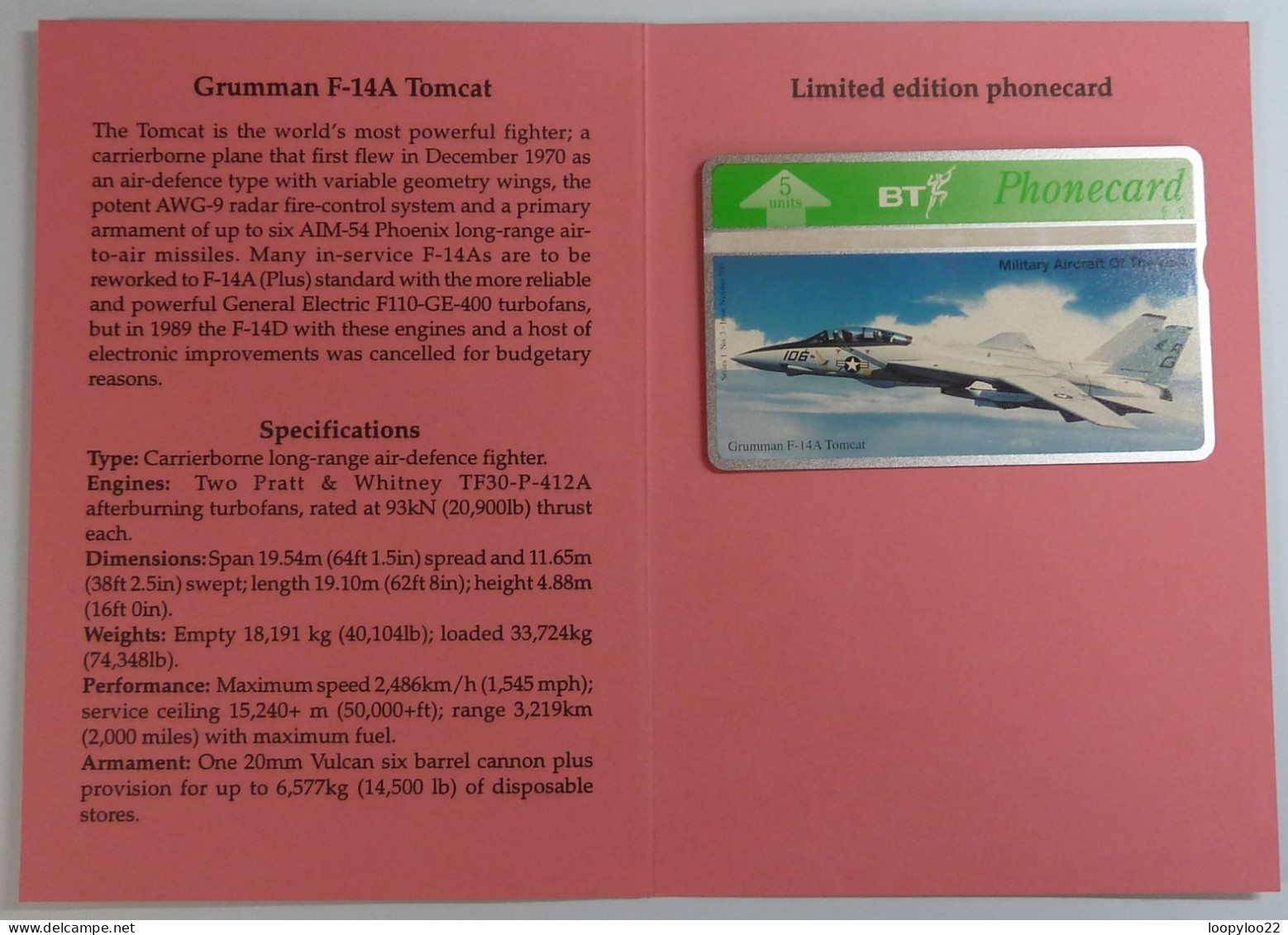 UK - BT - L&G - Military Aircraft Of USA - Grumman F-14A Tomcat - Limited Edition In Folder - 500ex - Mint - BT Emissioni Generali