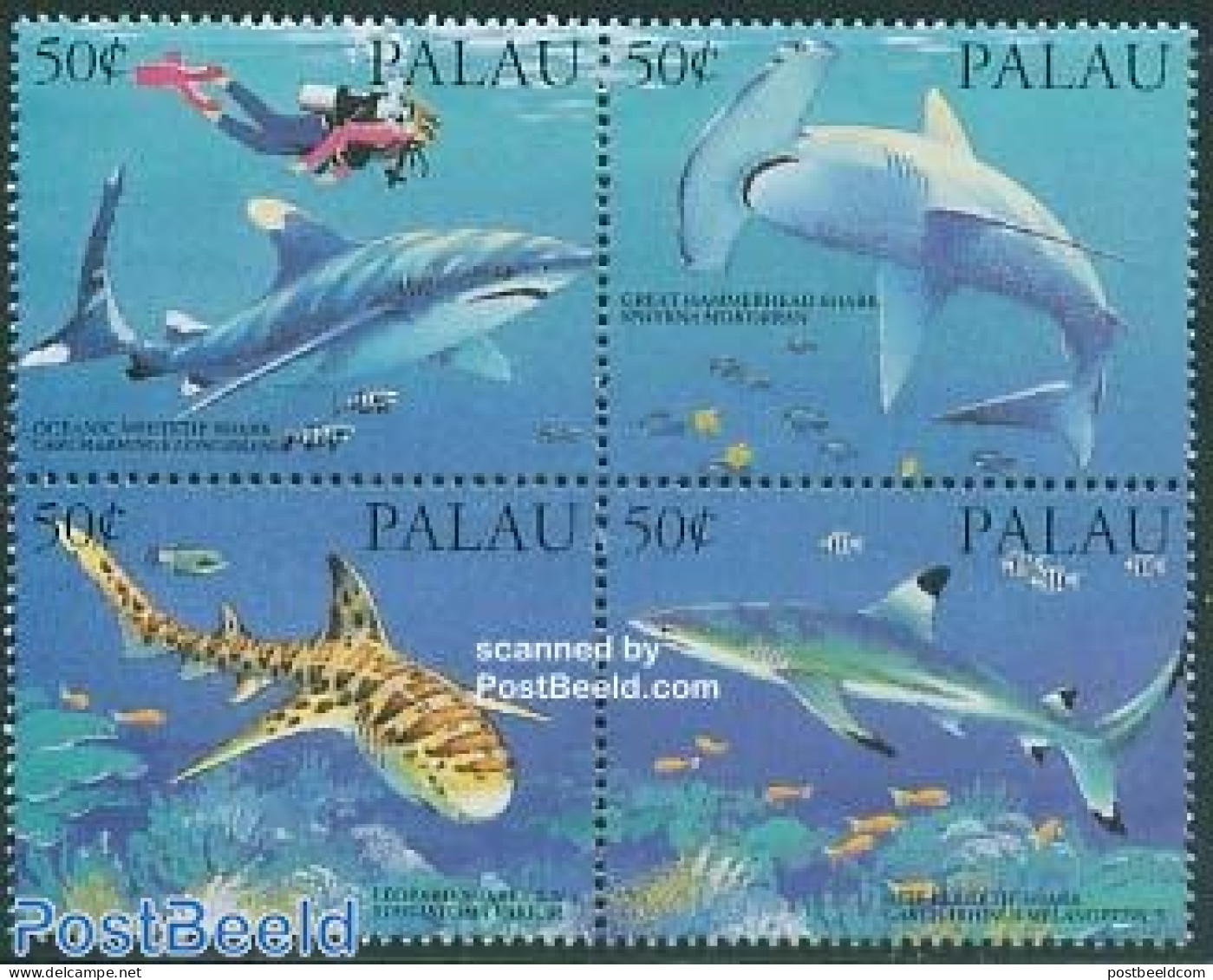 Palau 1993 Sharks 4v [+], Mint NH, Nature - Sport - Fish - Diving - Sharks - Poissons