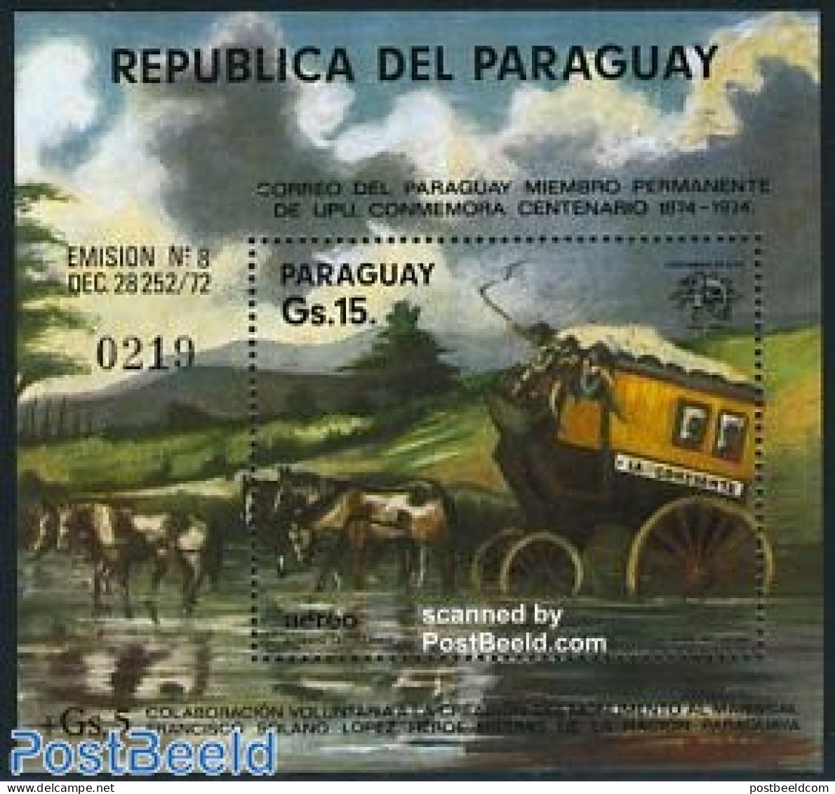 Paraguay 1974 UPU Centenary S/s, Castellanos Painting, Mint NH, Nature - Transport - Horses - U.P.U. - Coaches - Art -.. - U.P.U.