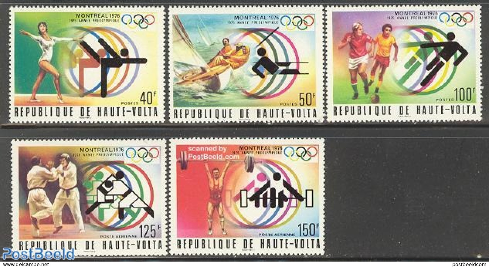 Upper Volta 1976 Olympic Games Montreal 5v, Mint NH, Sport - Football - Gymnastics - Judo - Olympic Games - Sailing - .. - Gymnastique