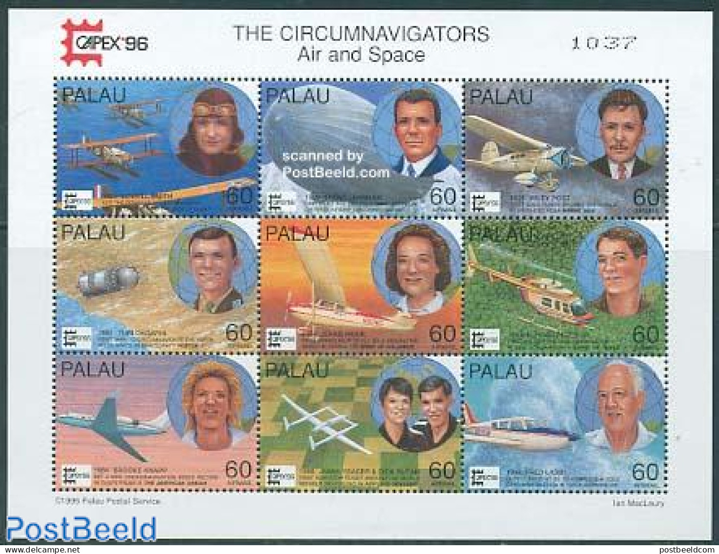 Palau 1996 Capex 96 9v M/s (9x60c), Mint NH, History - Transport - Explorers - Helicopters - Ships And Boats - Space E.. - Explorateurs