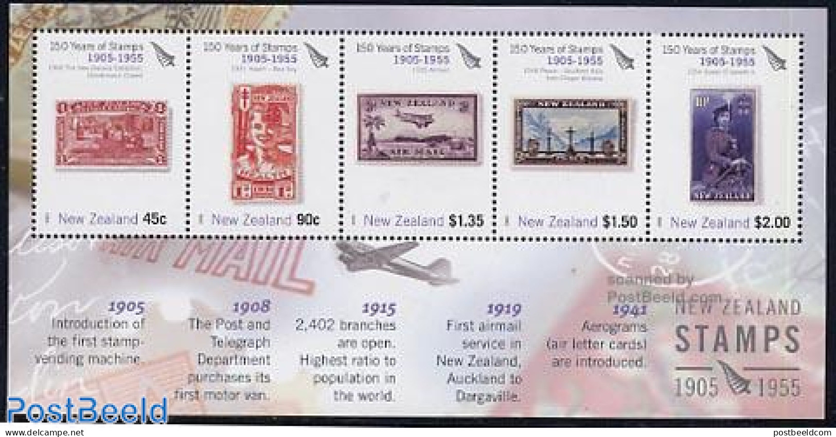 New Zealand 2005 150 Years Stamps S/s (1905-1955 Period), Mint NH, Nature - Transport - Horses - Stamps On Stamps - Ai.. - Unused Stamps