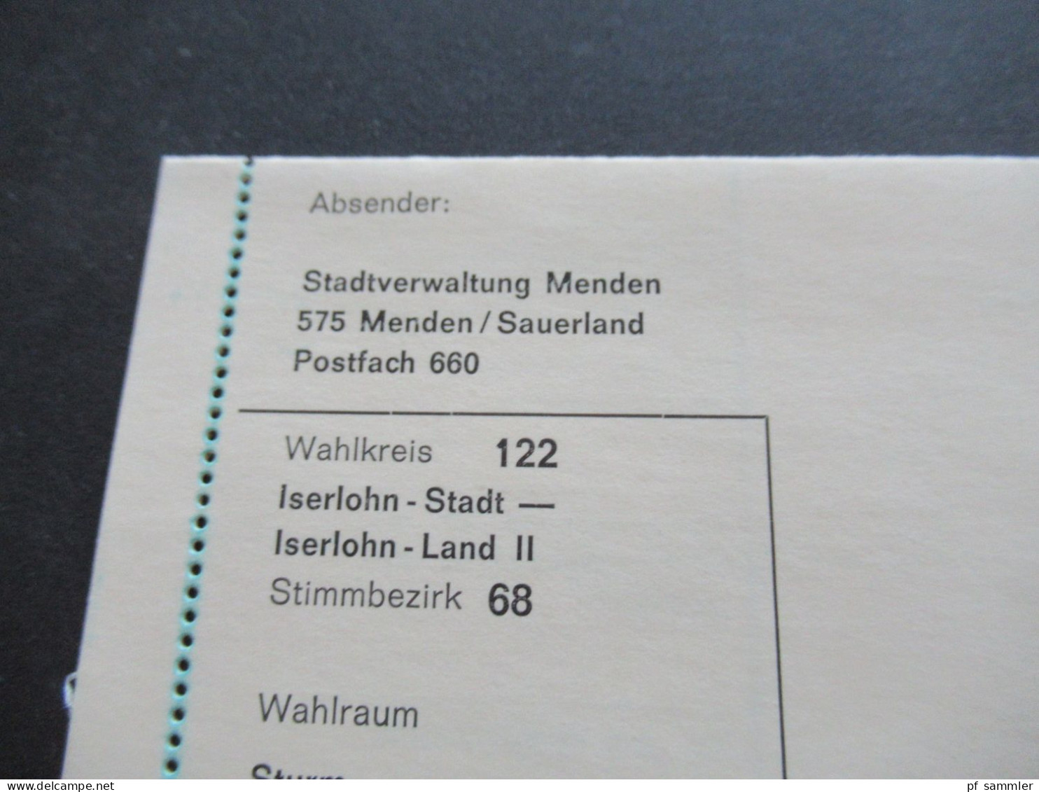 BRD 1966 Portofreiheit Gebühr Bezahlt Beim Postamt Menden (Sauerland) Stadtverwaltung Menden Wahlbenachrichtigung - Covers & Documents