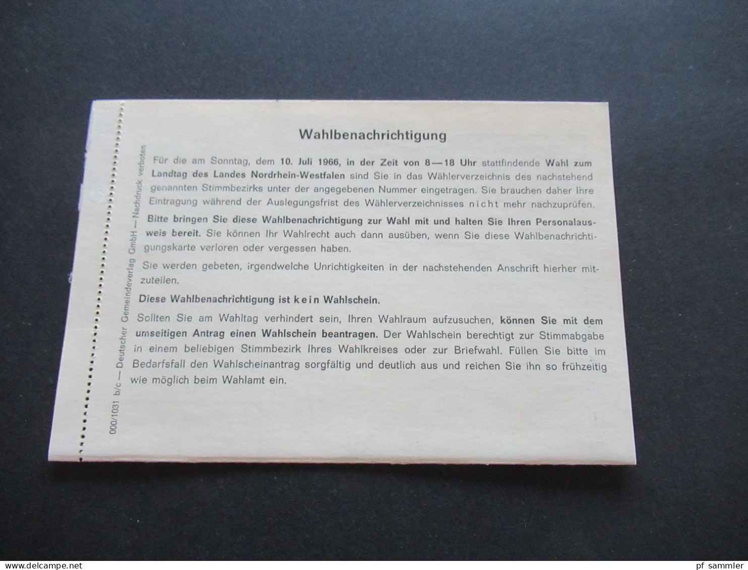 BRD 1966 Portofreiheit Gebühr Bezahlt Beim Postamt Menden (Sauerland) Stadtverwaltung Menden Wahlbenachrichtigung - Briefe U. Dokumente