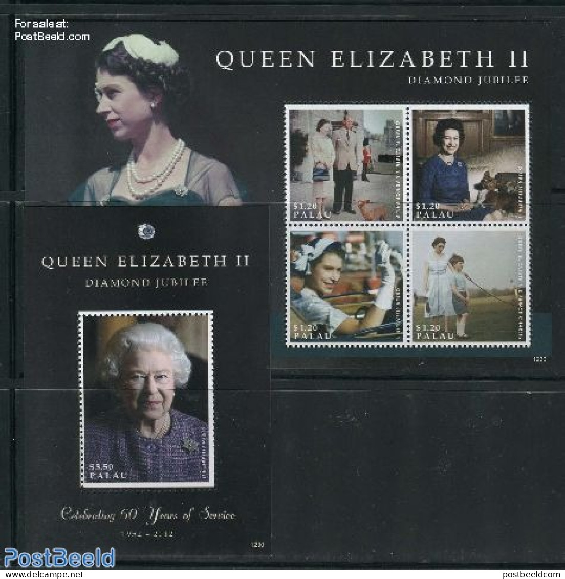 Palau 2012 Elizabeth II Diamond Jubilee 2 S/s, Mint NH, History - Nature - Kings & Queens (Royalty) - Dogs - Königshäuser, Adel