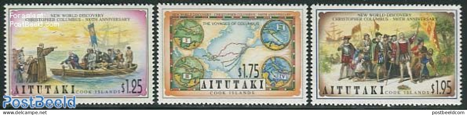 Aitutaki 1992 Discovery Of America 3v, Mint NH, History - Transport - Various - Explorers - Ships And Boats - Maps - Explorers