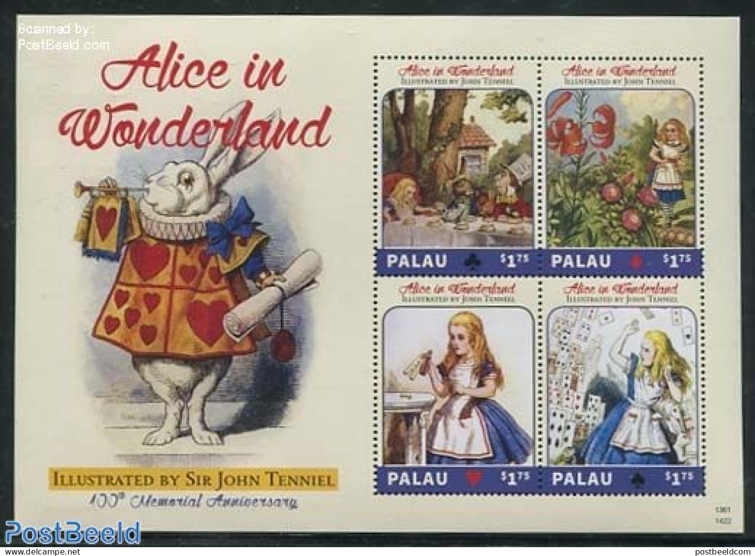 Palau 2014 Alice In Wonderland 4v M/s, Mint NH, Nature - Sport - Flowers & Plants - Rabbits / Hares - Playing Cards - .. - Contes, Fables & Légendes