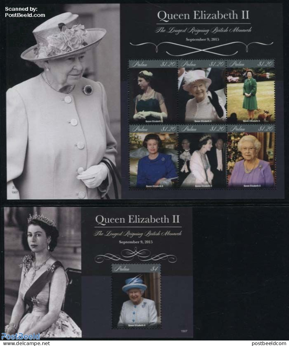 Palau 2015 Elizabeth Longest Reigning Monarch 2 S/s, Mint NH, History - Nature - Kings & Queens (Royalty) - Dogs - Familles Royales