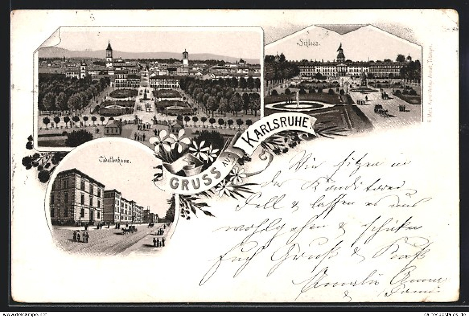 Vorläufer-Lithographie Karlsruhe, 1895, Schloss, Cadettenhaus, Gesamtansicht  - Karlsruhe
