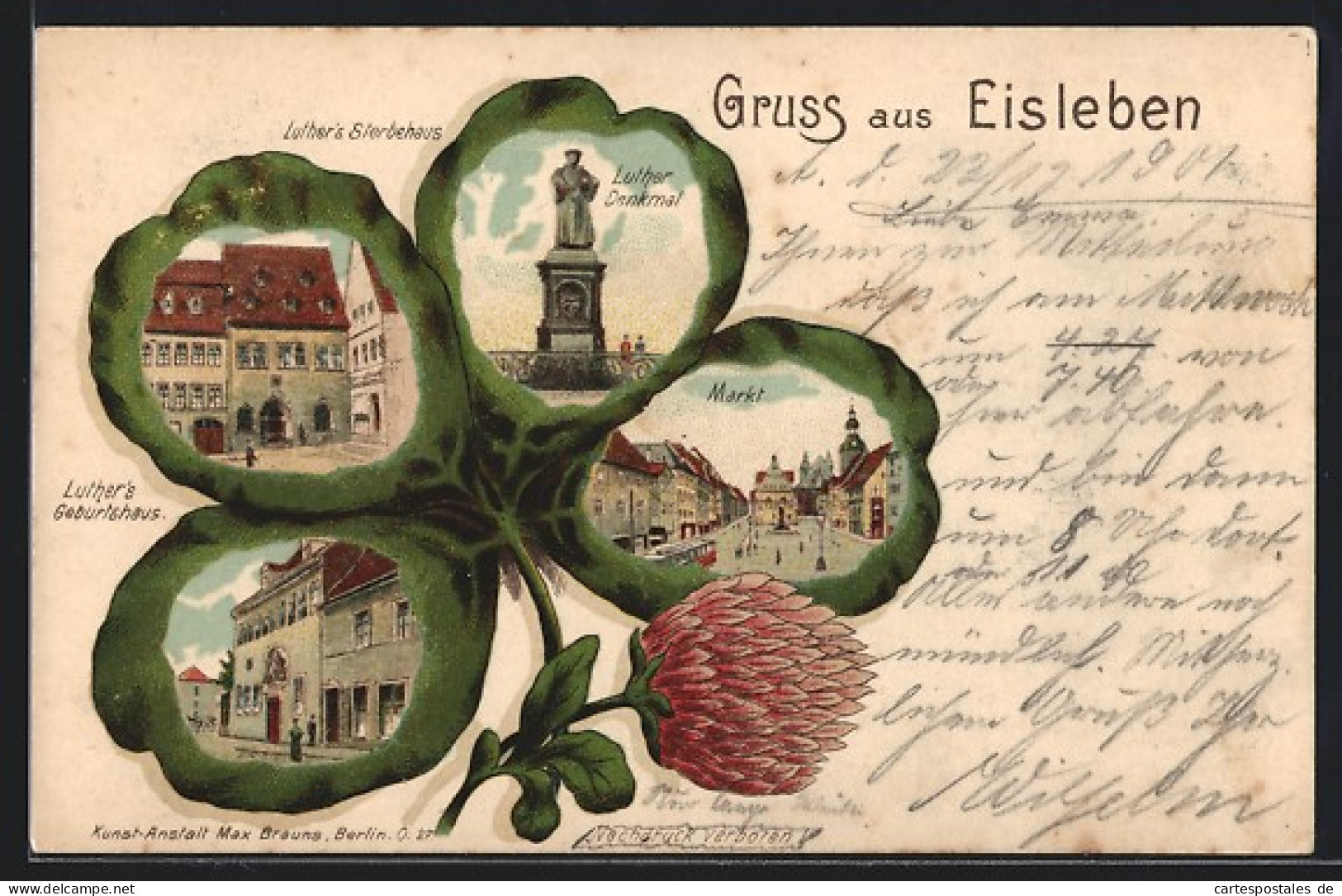 Passepartout-Lithographie Eisleben, Luthers Sterbe- Und Geburtshaus, Markt Im Kleeblatt  - Autres & Non Classés