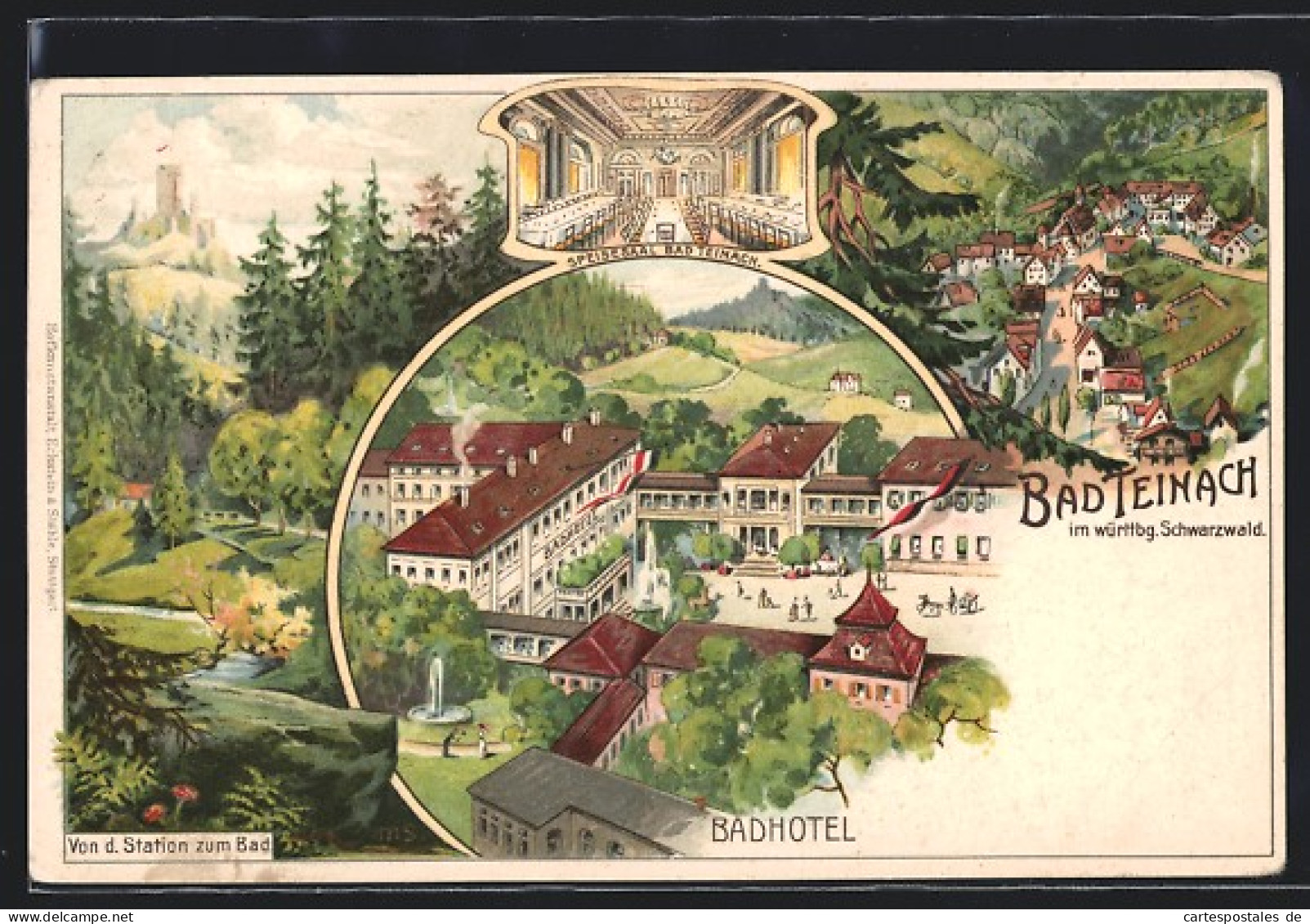 Künstler-AK Bad Teinach /Württ., Badhotel Mit Speisesaal Und Umgebung, Ortsansicht  - Bad Teinach