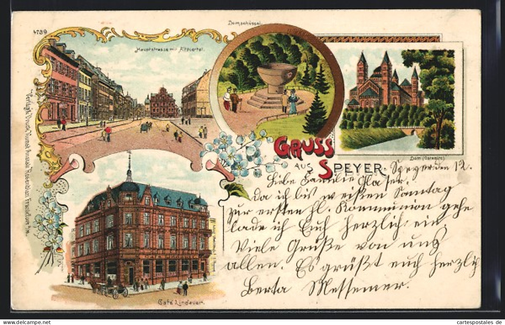 Lithographie Speyer, Cafe Lindauer, Hauptstrasse Mit Altpoertel, Dom Und Domschüssel  - Speyer