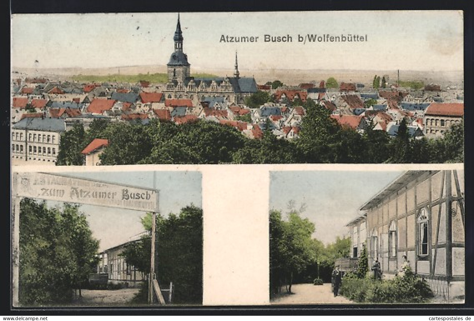 AK Wolfenbüttel, Gasthaus Atzumer Busch, Teilansicht Mit Kirche  - Wolfenbuettel
