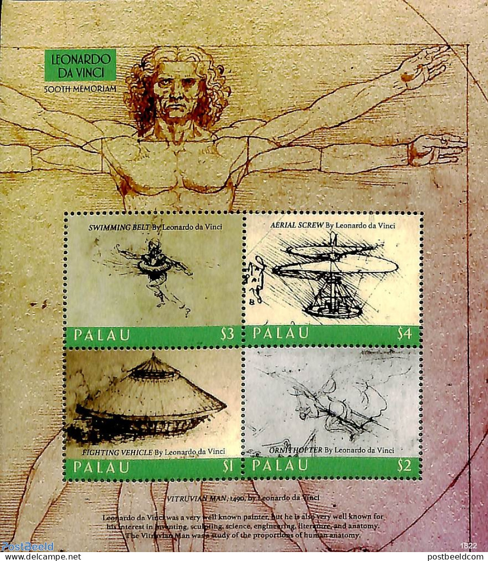 Palau 2018 Leonardo Da Vinci 4v M/s, Mint NH, Transport - Helicopters - Art - Leonardo Da Vinci - Hélicoptères