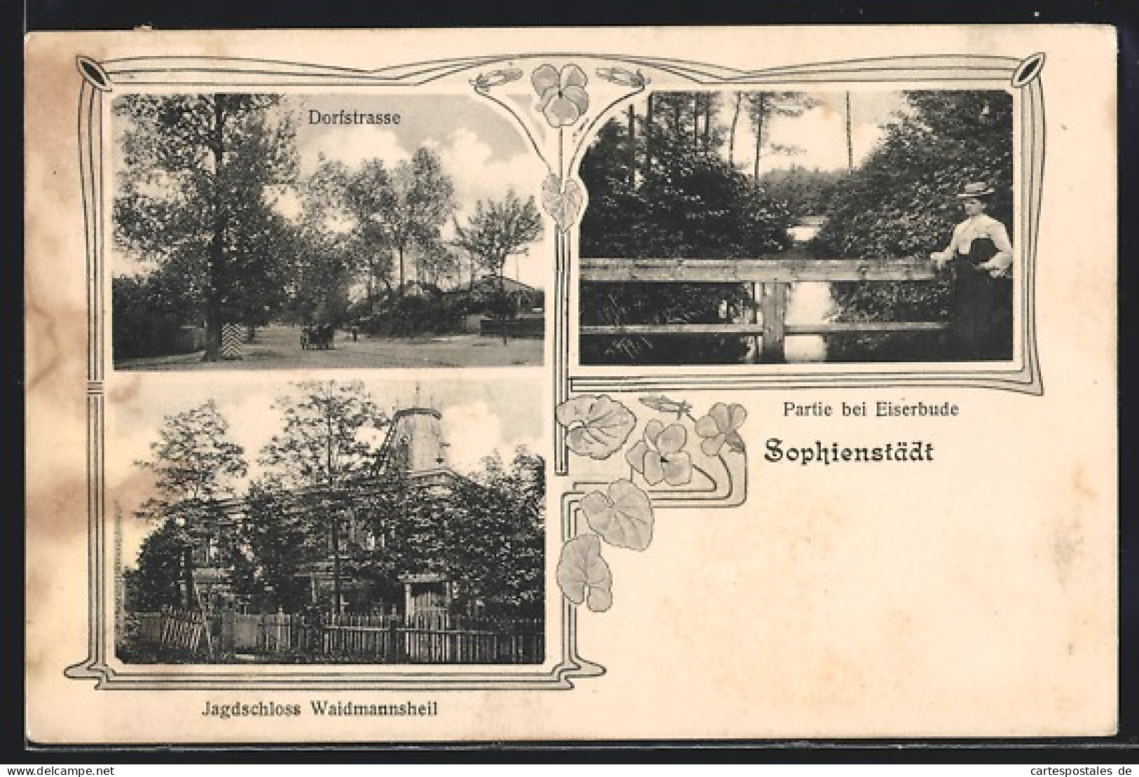 AK Sophienstädt, Jagdschloss Waidmannsheil, Dorfstrasse, Partie Bei Eiserbude  - Chasse
