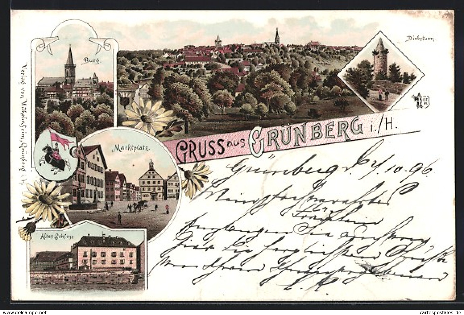 Lithographie Grünberg I. H., Altes Schloss, Burg, Marktplatz  - Gruenberg