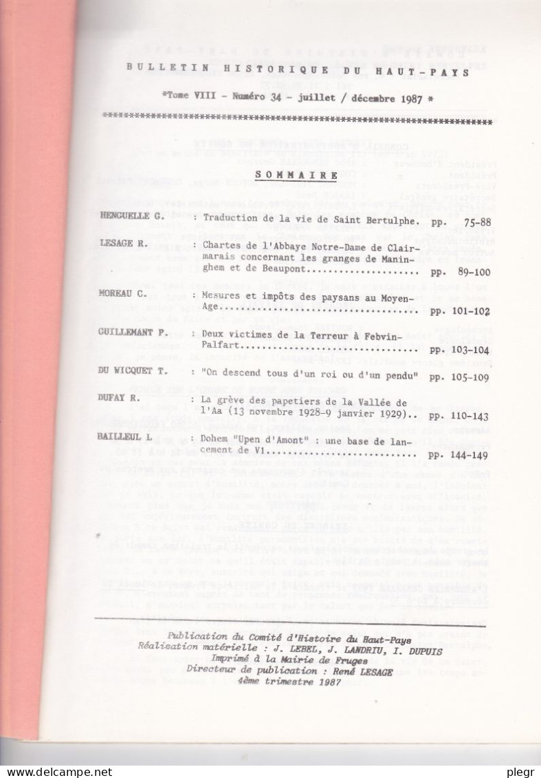 BULLETIN HISTORIQUE DU HAUT-PAYS - Tome VIII - N°34 - 07/1987#6 (ST BERTULPHE, CLAIRMARAIS, FEBVIN PALFART, UPEN, ...) - History