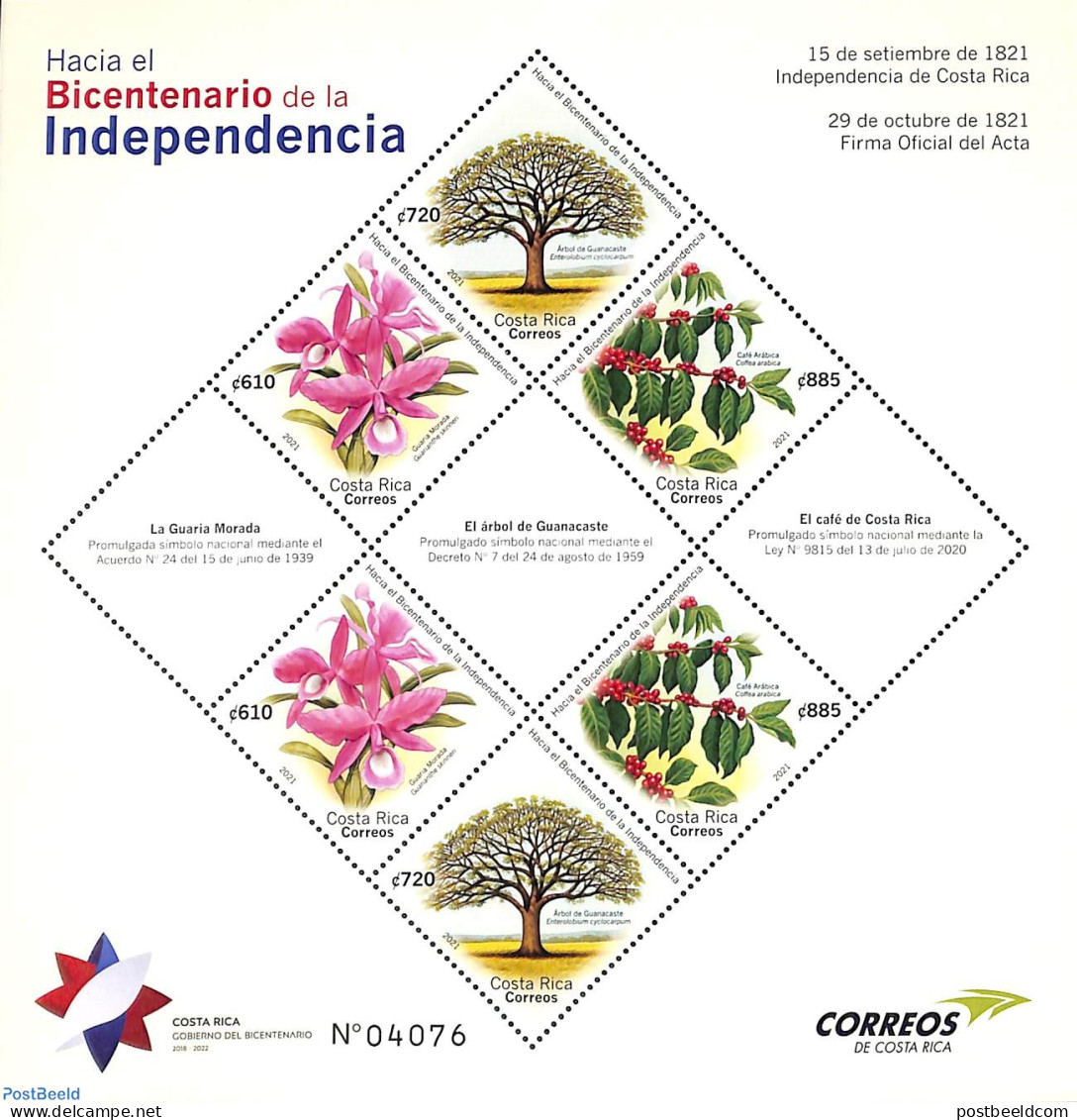 Costa Rica 2021 200 Years Independence M/s, Mint NH, Nature - Flowers & Plants - Orchids - Trees & Forests - Rotary Club