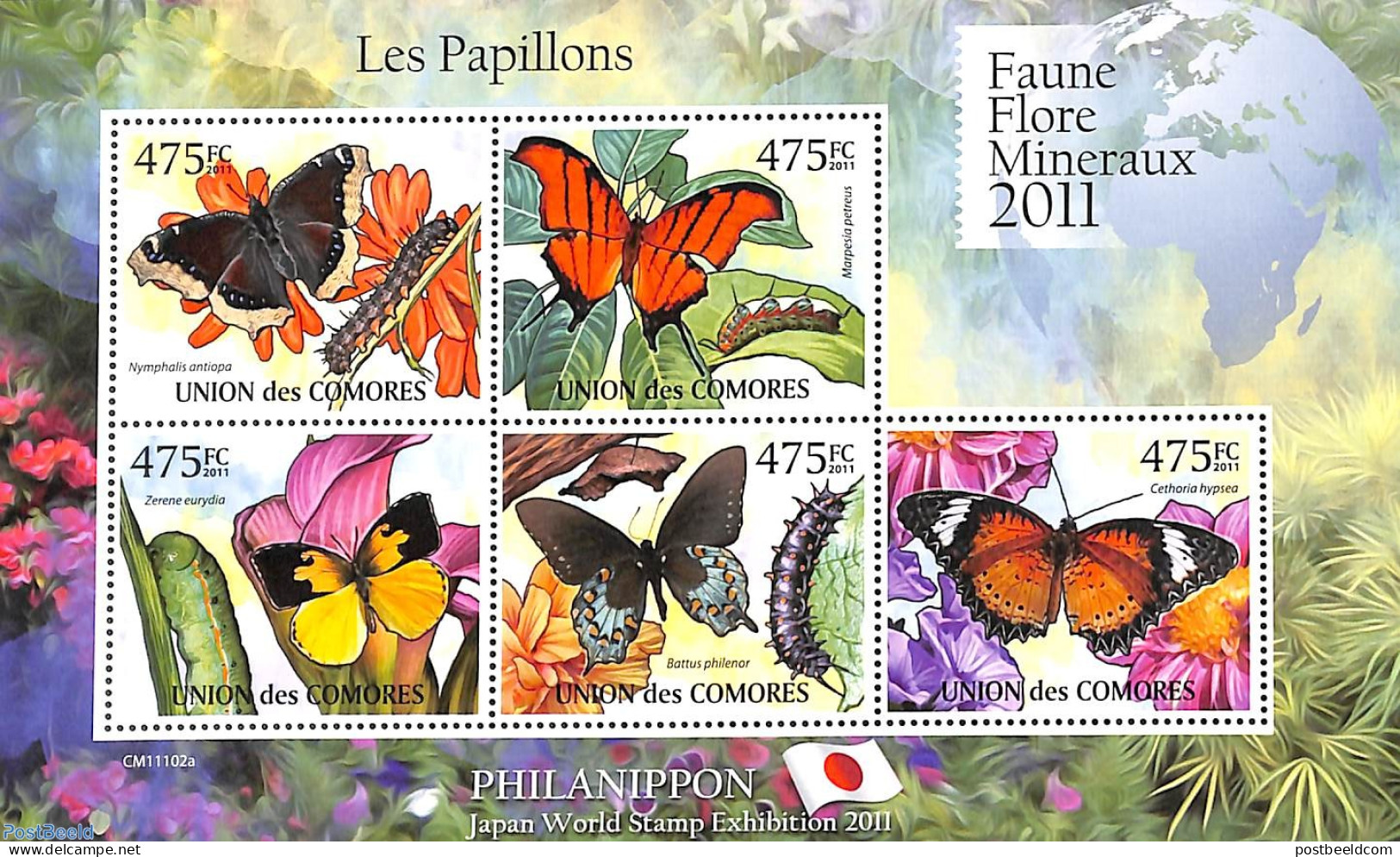 Comoros 2011 Butterflies 5v M/s, Mint NH, Nature - Butterflies - Comores (1975-...)