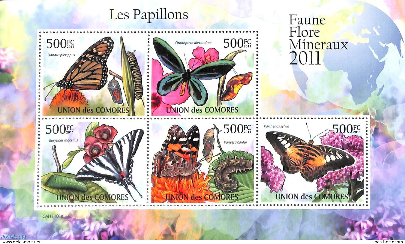 Comoros 2011 Butterflies 5v M/s, Mint NH, Nature - Butterflies - Comores (1975-...)