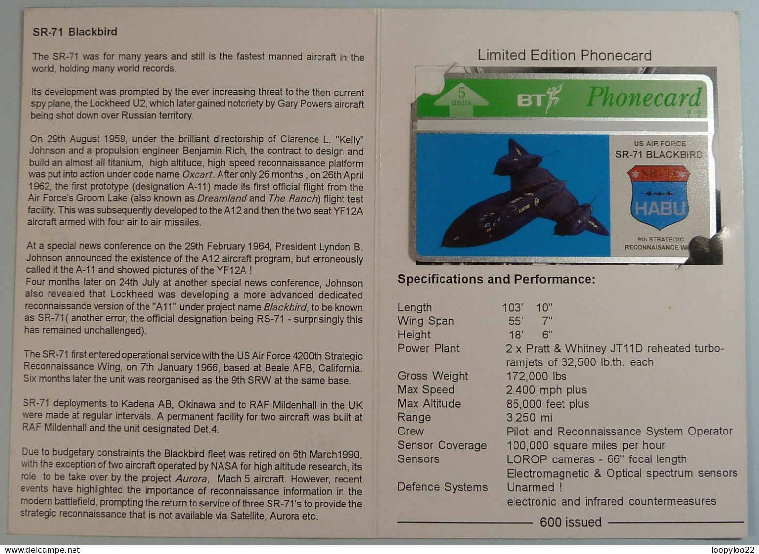 UK - BT - L&G - Lockheed SR-71 Blackbird - Skunkworks - BTG449 - Limited Edition In Folder - 600ex - Mint - BT Emissions Générales