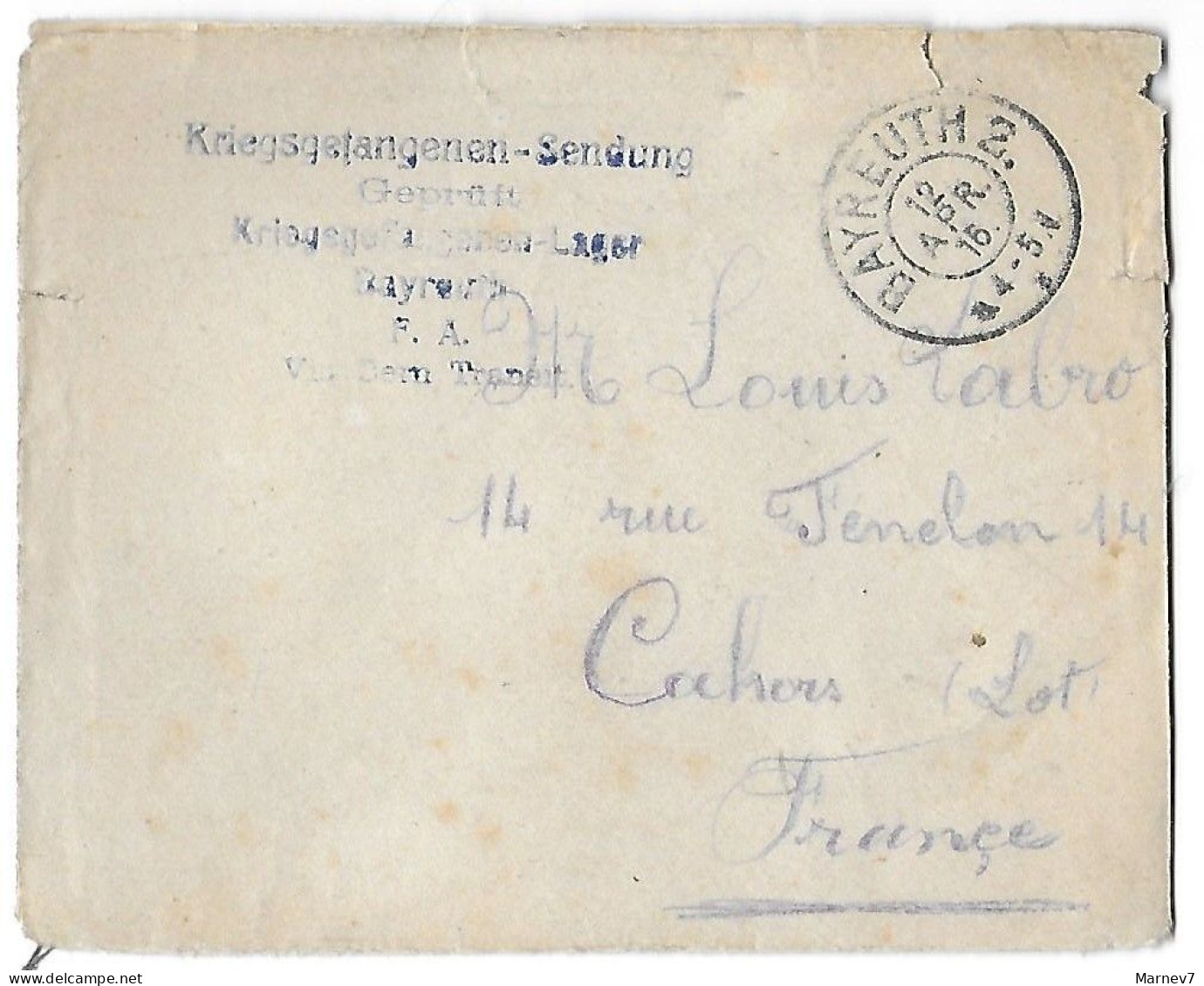 Lettre Prisonnier De Guerre Bayrouth Bayreuth 12 4 1916 Kriegsgetangenen Sendung à Cahors Avec Courrier - Liban
