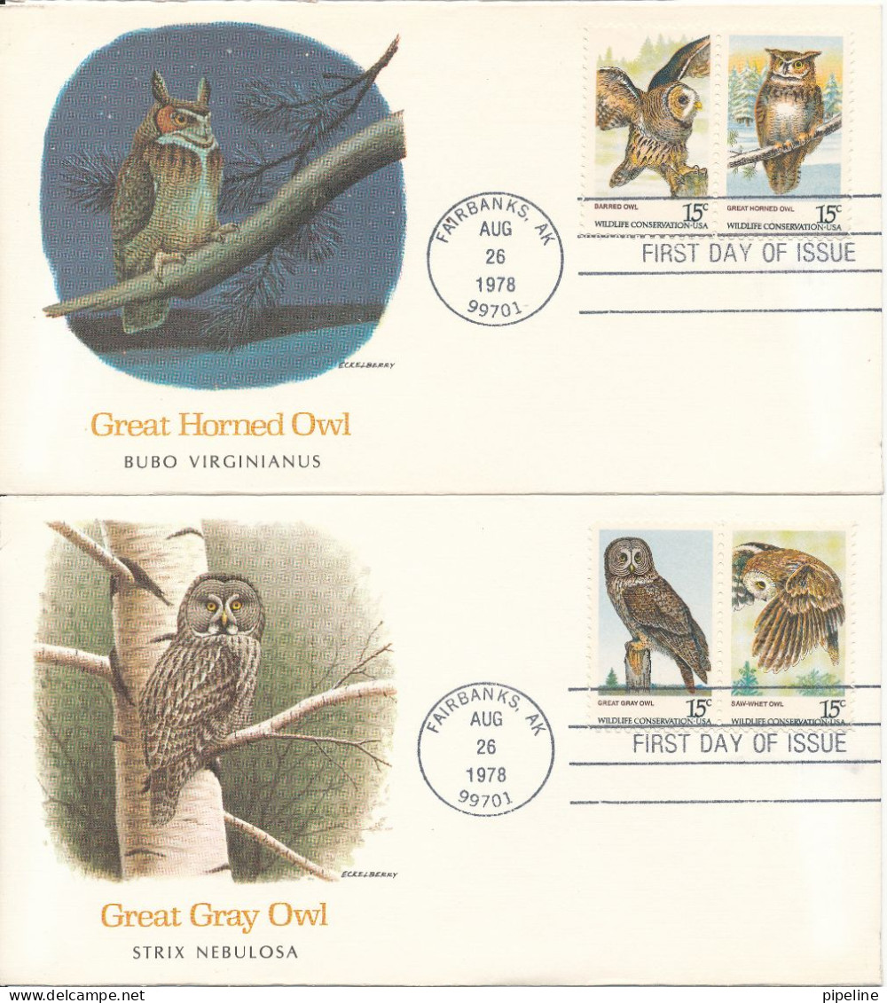 USA FDC Fairbanks 26-8-1978 OWLS Complete Set Of 4 On 2 Covers With Cachet - 1971-1980