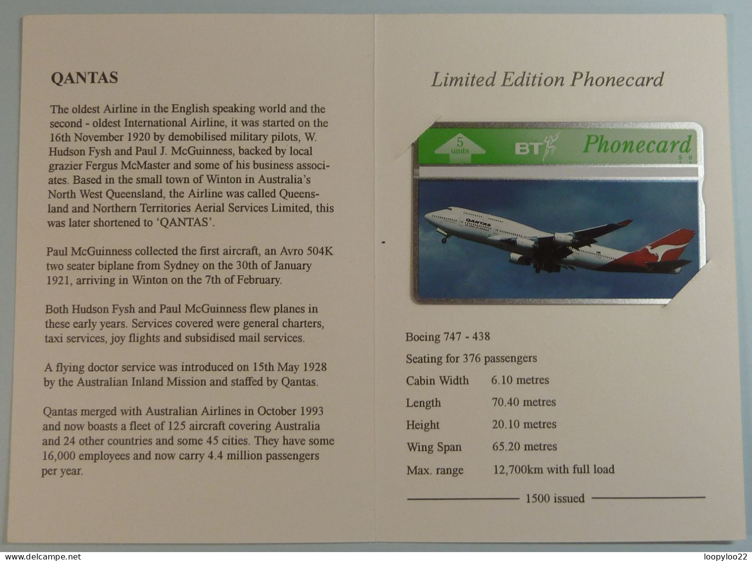 UK - BT - L&G - Qantas - Boeing 747 - BTG347 - Limited Edition In Folder - 1500ex - Mint - BT Emissions Générales