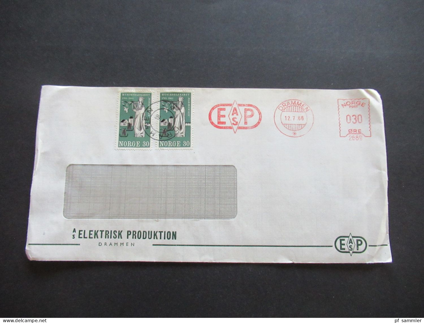 Norwegen 1966 AFS Absenderfreistempel AS EP Drammen Norge Post Und 2x Briefmarke Musikselskabet - Briefe U. Dokumente