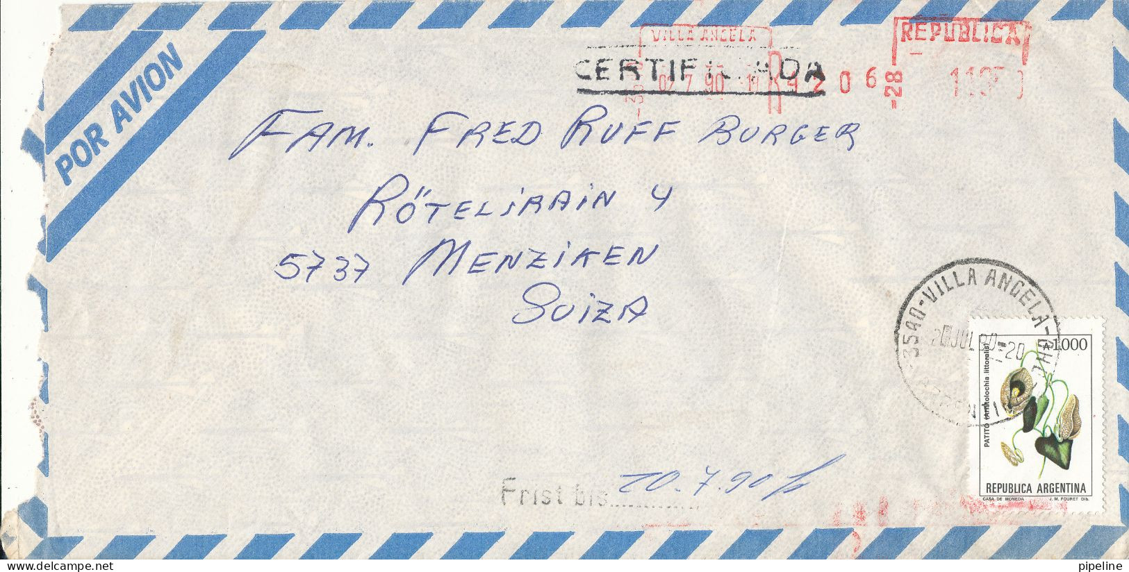 Argentina Registered Air Mail Cover With Meter Cancel And Stamp Sent To Switzerland Villa Angela 2-7-1990 Topic Stamp - Poste Aérienne