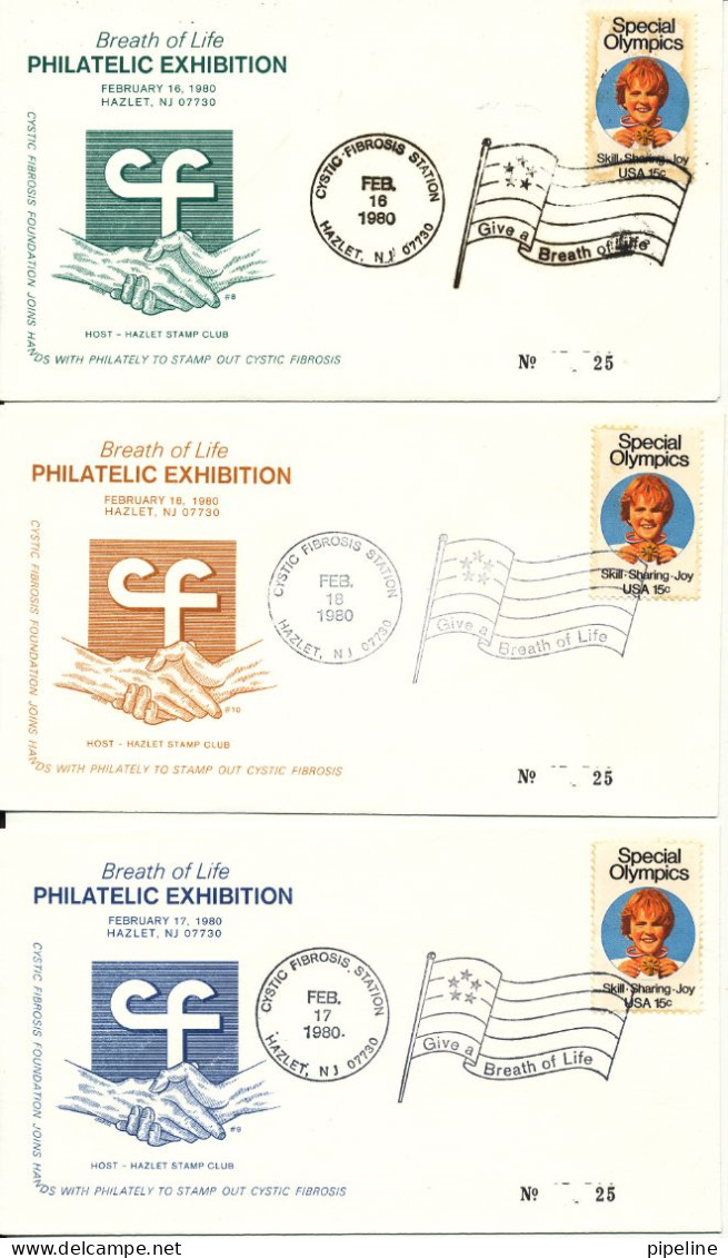 USA  3 Covers Breath Of Life Exhibition Hazlet Cystic Fibrosis Station 16-18/2-1980 With Cachet - Philatelic Exhibitions