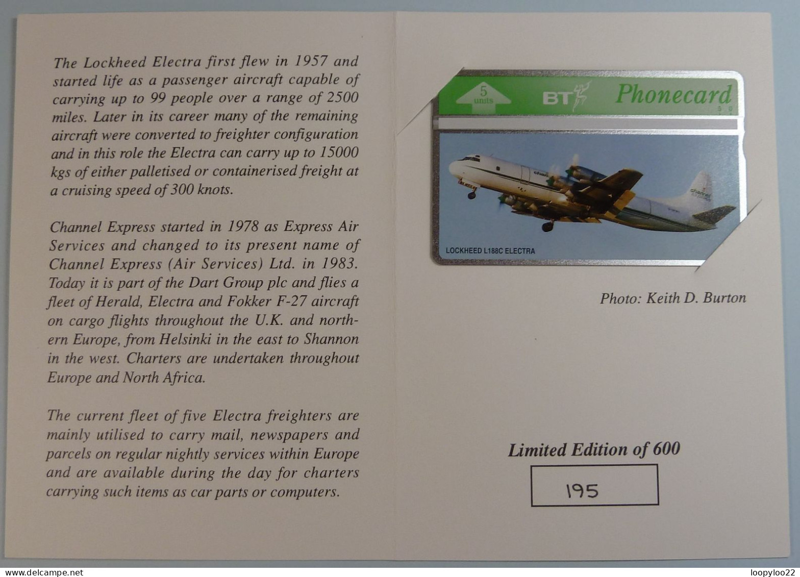 UK - BT - L&G - Channel Express - Lockheed Electra - 406B - Limited Edition In Folder - 600ex - Mint - BT Emissions Générales