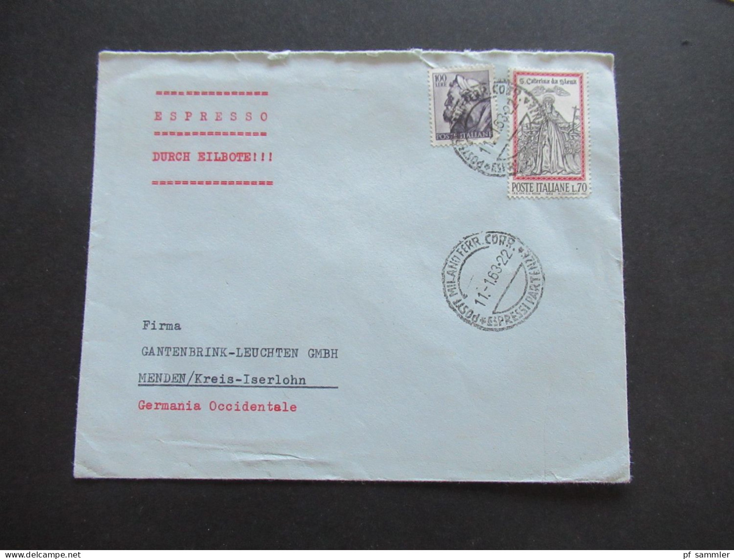 Italien 1963 - 1965 kl. Belegeposten teils Firmenbriefe 5 Stk. Auslandsbriefe / Espresso Eilbote nach Menden Sauerland