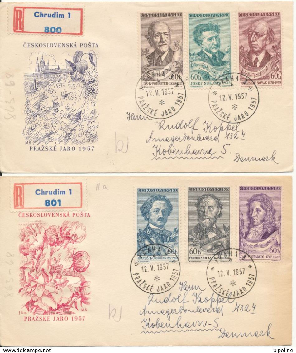 Czechoslovakia Registered FDC 12-5-1957 Complete Set MUSIC FESTIVAL On 2 Covers With Cachet Sent To Denmark - FDC