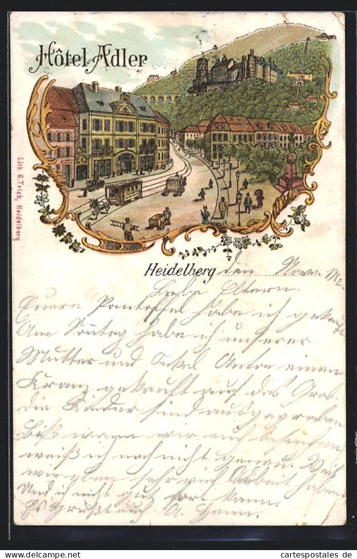 Lithographie Heidelberg, Totalansicht Mit Hotel Adler  - Heidelberg