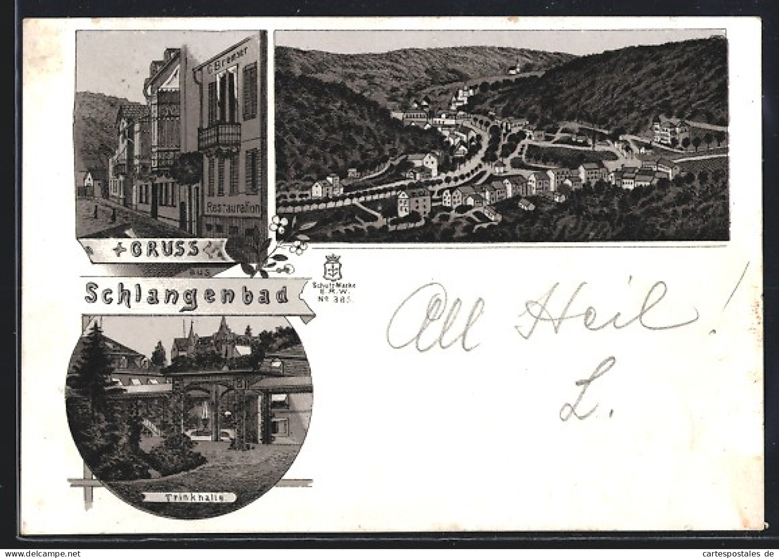 Lithographie Schlangenbad, Gasthaus C. Bremser, Trinkhalle  - Schlangenbad