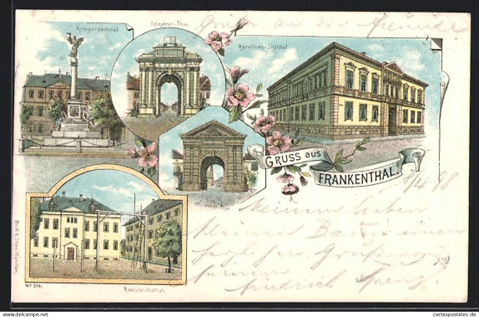 Lithographie Frankenthal, Karolinen-Institut, Speyerer-Thor, Kriegerdenkmal  - Speyer