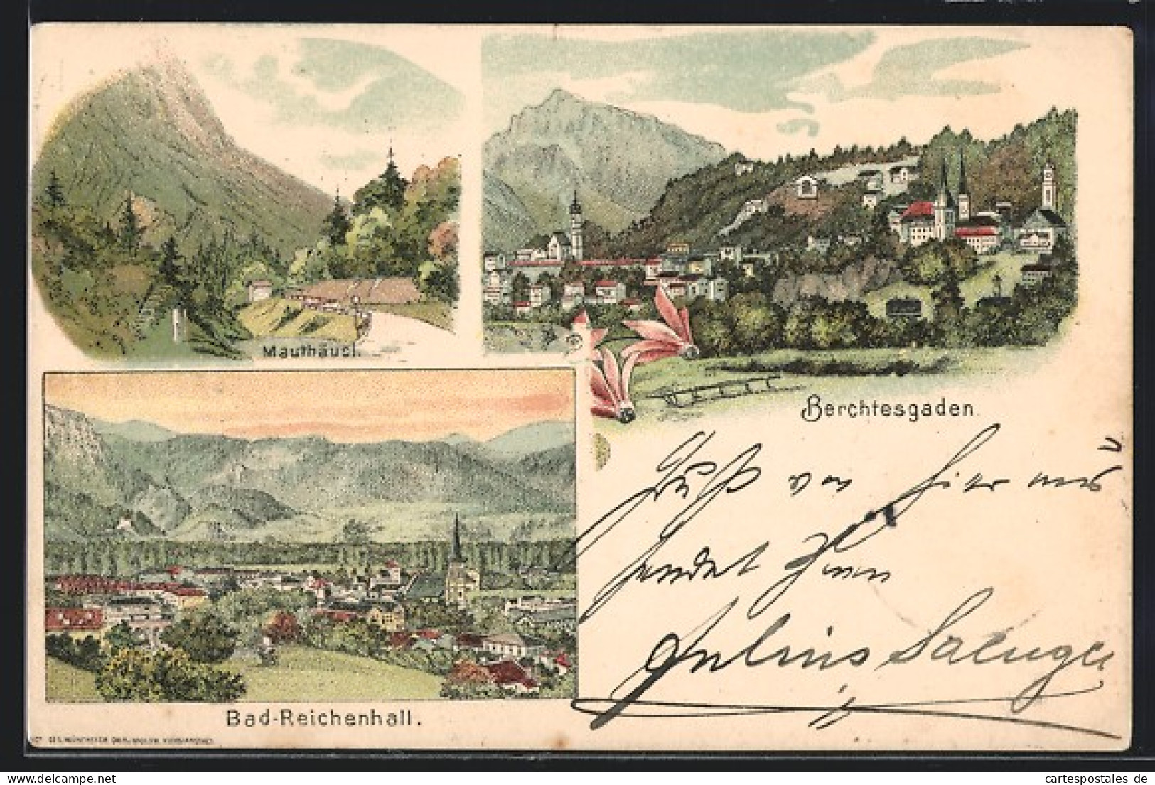 Lithographie Berchtesgaden, Ortsansicht, Ortsansicht Bad Reichenhall, Mauthäusl  - Berchtesgaden