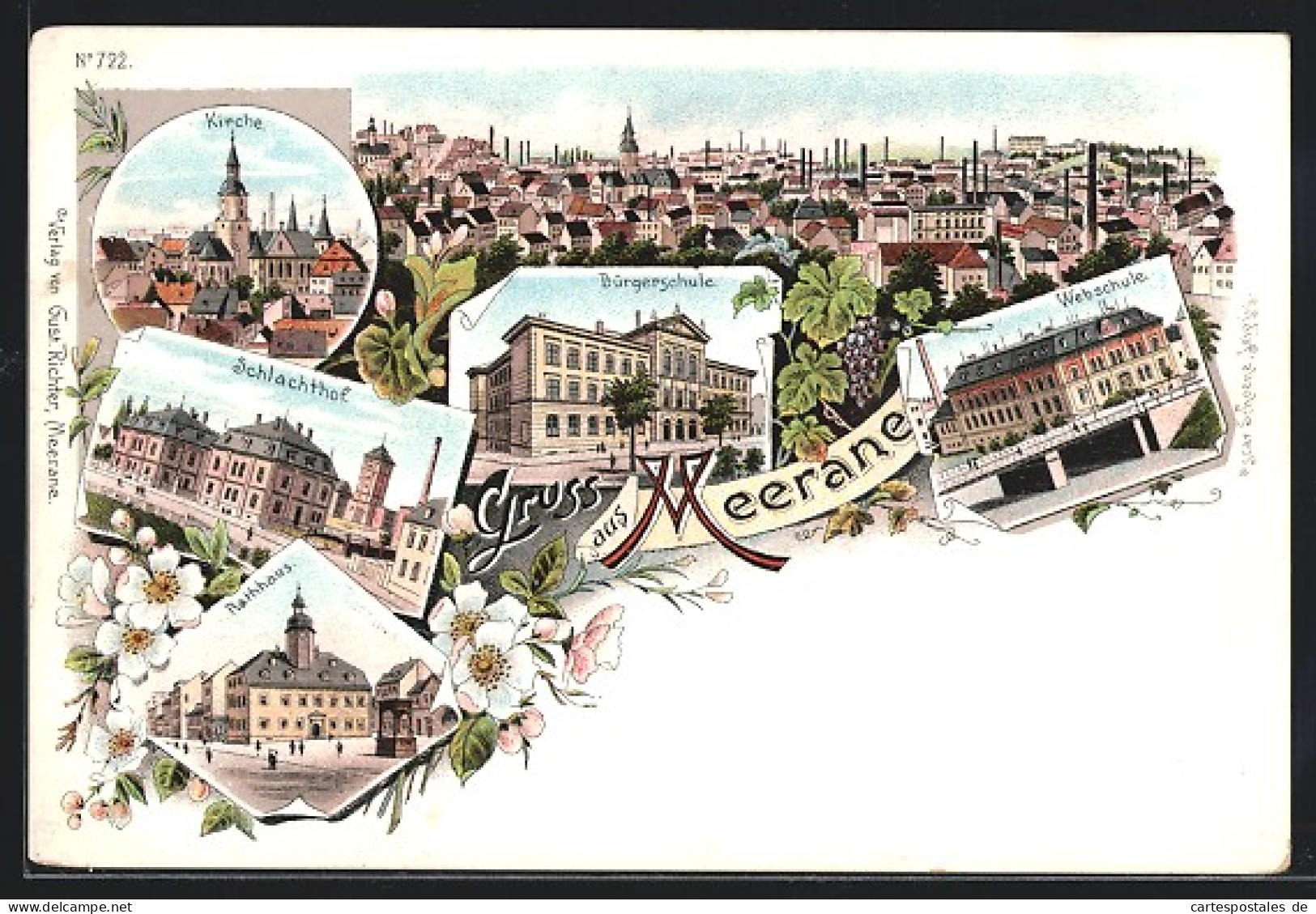 Lithographie Meerane, Webschule, Schlachthof, Ortsansicht  - Meerane