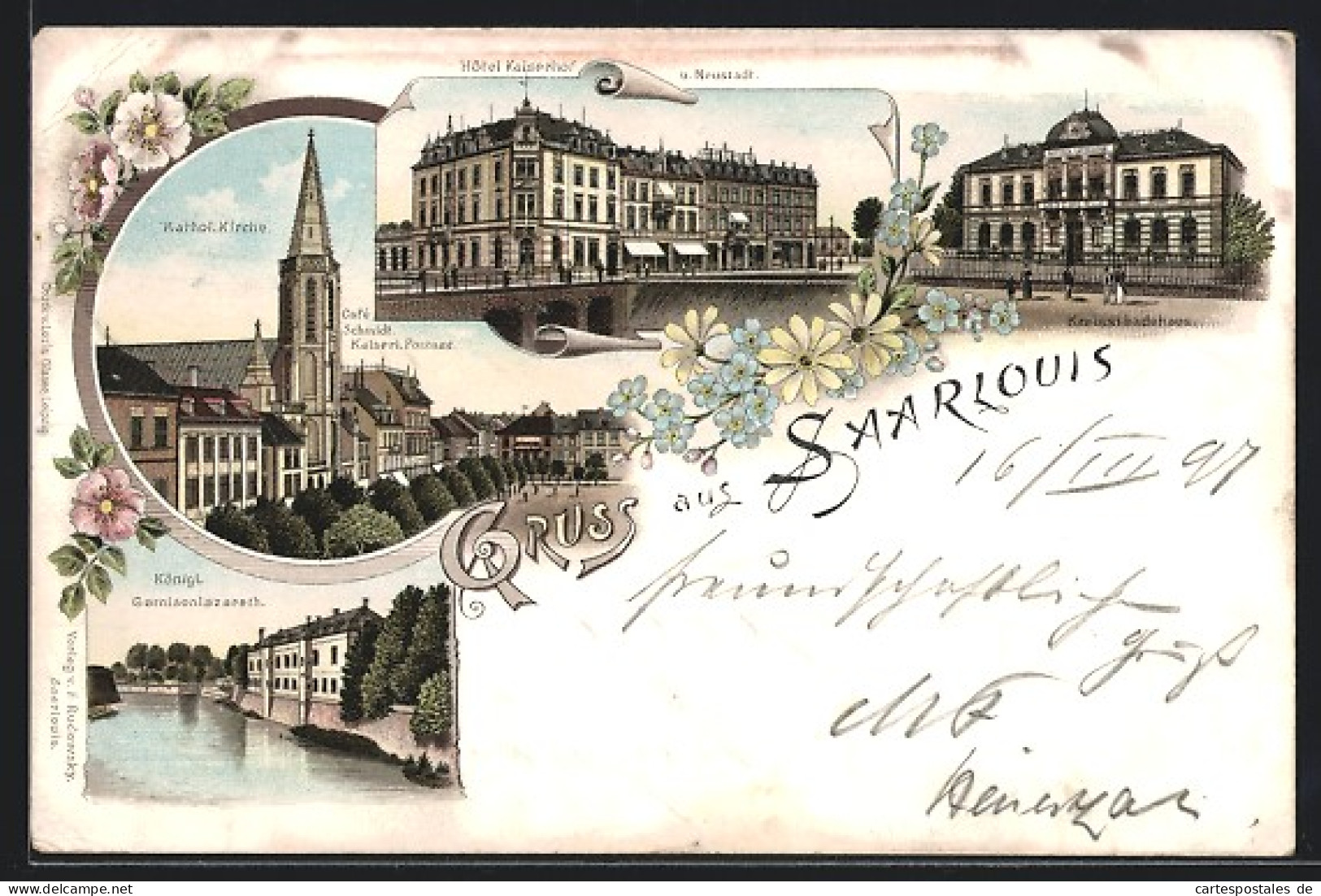 Lithographie Saarlouis, Hotel Kaiserhof, Cafe Schmidt Und Kathol. Kirche, Kgl. Garnisonlazareth  - Kreis Saarlouis