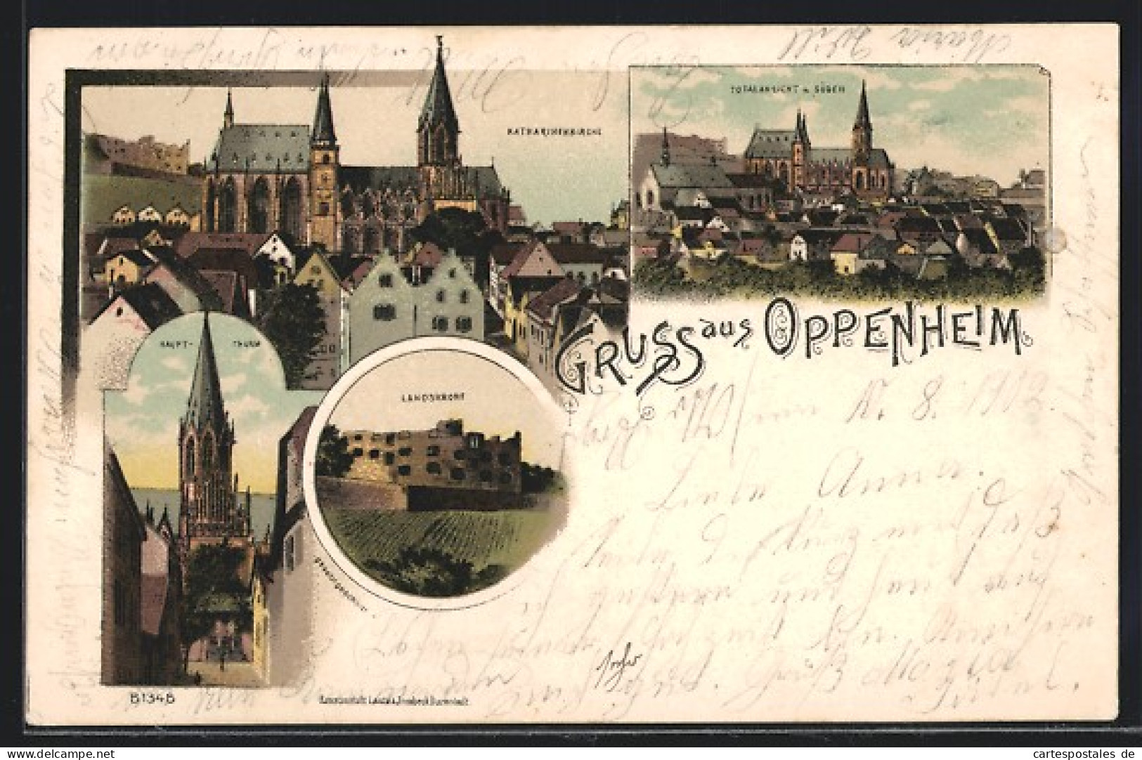 Lithographie Oppenheim, Landskrone, Katharinenkirche, Hauptturm  - Sonstige & Ohne Zuordnung