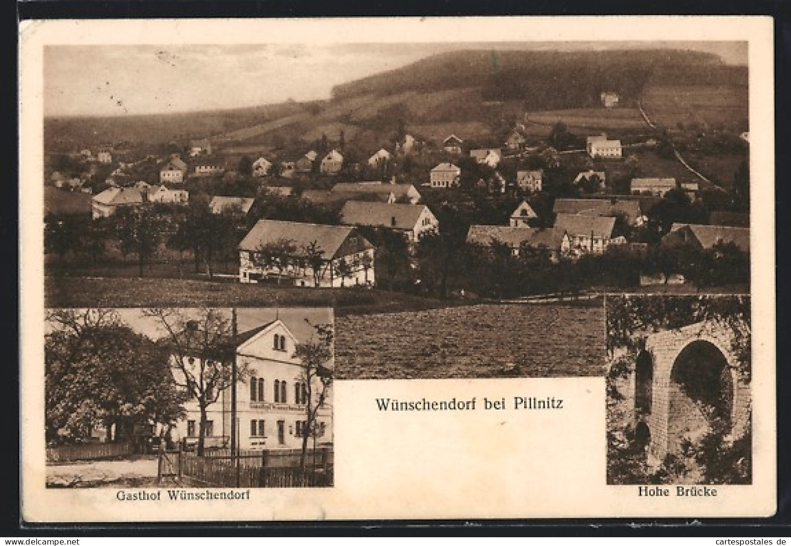 AK Wünschendorf, Gasthaus Wünschendorf, Hohe Brücke, Ortsansicht  - Autres & Non Classés
